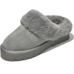 Project Cloud 100% Genuine Leather Slippers for Women Footwear – Memory Foam Clogs and Mules for Women 2025 – Non Slip and Lightweight Fur Slippers (Viki)(Grey – Snowy)