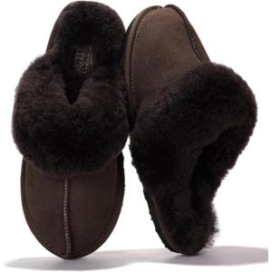 Project Cloud 100% Genuine Leather Slippers for Women Footwear with Genuine Fur Lining Womens Clogs & Mule – Non-Slip Indoor/Outdoor Scuff Womens Slippers with Memory Foam Insole (Henka)(Scuff-chocolate)