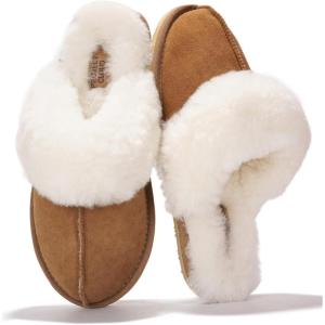 Project Cloud 100% Genuine Leather Slippers for Women Footwear with Genuine Fur Lining Womens Clogs & Mule – Non-Slip Indoor/Outdoor Scuff Womens Slippers with Memory Foam Insole (Henka)(Scuff-chestnut)