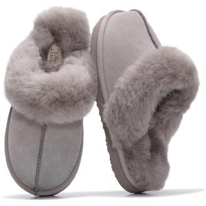 Project Cloud 100% Genuine Leather Slippers for Women Footwear with Genuine Fur Lining Womens Clogs & Mule – Non-Slip Indoor/Outdoor Scuff Womens Slippers with Memory Foam Insole (Henka)(Grey)