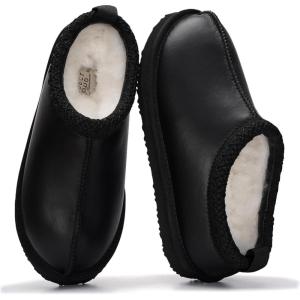 Project Cloud 100% Genuine Leather Womens Slippers with Genuine Australian Shearling Fur Lining Slippers for Women – Non-Slip EVA with Memory Foam Fuzzy Slippers Women Footwear (Nerita)(Black Distressed)