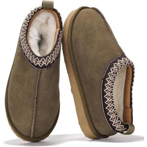 Project Cloud 100% Genuine Leather Womens Slippers with Genuine Australian Shearling Fur Lining Slippers for Women – Non-Slip EVA with Memory Foam Fuzzy Slippers Women Footwear (Nerita)(Olive)