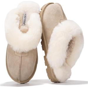 Project Cloud 100% Genuine Leather & Australian Shearling Slippers for Women – Cozy Memory Foam Women’s Slippers (Hedy)(Beige)