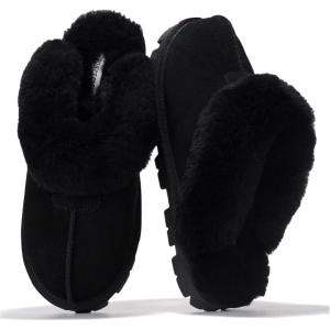 Project Cloud 100% Genuine Leather & Australian Shearling Slippers for Women – Cozy Memory Foam Women’s Slippers (Hedy)(Black)