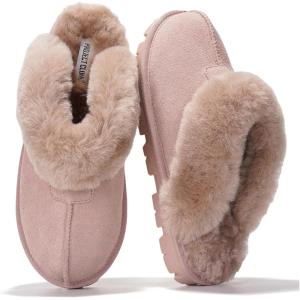 Project Cloud 100% Genuine Leather & Australian Shearling Slippers for Women – Cozy Memory Foam Women’s Slippers (Hedy)(Dusty Pink Suede)