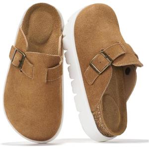 Project Cloud Chunky Kids Clogs – 100% Genuine Leather Clogs for Kids with Cork Footbed & Arch Support – Non-Slip Mules & Sandals for Girls Footwear (Little BentonChunky)(Chestnut Suede)