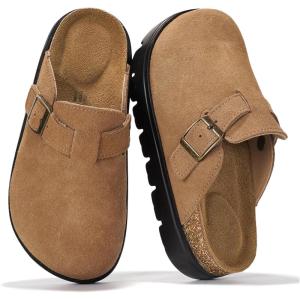 Project Cloud Chunky Kids Clogs – 100% Genuine Leather Clogs for Kids with Cork Footbed & Arch Support – Non-Slip Mules & Sandals for Girls Footwear (Little BentonChunky)(Tan Suede)