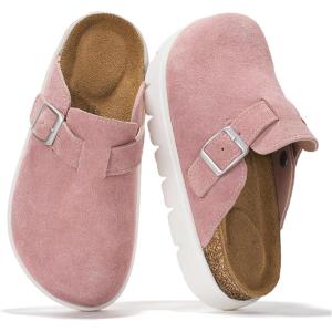 Project Cloud Chunky Kids Clogs – 100% Genuine Leather Clogs for Kids with Cork Footbed & Arch Support – Non-Slip Mules & Sandals for Girls Footwear (Little BentonChunky)(Pink Suede)