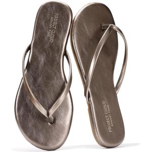 Project Cloud Flip Flops for Women – Memory Foam Flats Summer Sandals for Women 2025 – Vegan Leather Lightweight Womens Sandals Summer Beach Essentials Slides(Bronze)