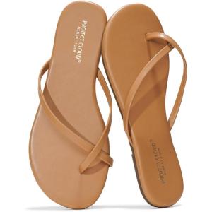 Project Cloud Flip Flops for Women – Memory Foam Flats Summer Sandals for Women 2025 – Vegan Leather Lightweight Womens Sandals Summer Beach Essentials Slides (EMOTION, TAN, 9)
