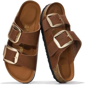 Project Cloud Genuine Leather Flat Sandals for Women 2025 Comfortable Beach Essentials Womens Sandals Memory Foam Vacation Essentials Slides for Women Footwear (Santorini)(Brown)