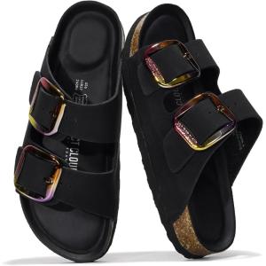 Project Cloud Genuine Leather Flat Sandals for Women 2025 Comfortable Beach Essentials Womens Sandals Memory Foam Vacation Essentials Slides for Women Footwear (Santorini)(Black Matte)