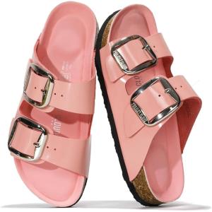 Project Cloud Genuine Leather Flat Sandals for Women 2025 Comfortable Beach Essentials Womens Sandals Memory Foam Vacation Essentials Slides for Women Footwear (Santorini)(Pink Patent)