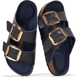 Project Cloud Genuine Leather Flat Sandals for Women 2025 Comfortable Beach Essentials Womens Sandals Memory Foam Vacation Essentials Slides for Women Footwear (Santorini)(Navy)