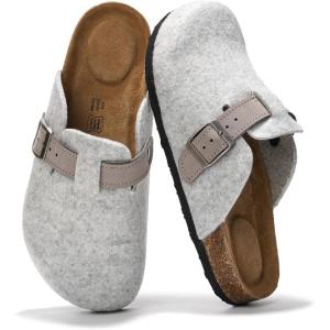 Project Cloud Genuine Leather Footbed Clogs for Women – Memory Foam Arch Support Slippers for Women – Trendy Slip-ons Women’s Mules & Clogs Sandals (Benton)(Light Grey Wool)
