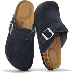 Project Cloud Genuine Leather Footbed Clogs for Women – Memory Foam Arch Support Slippers for Women – Trendy Slip-ons Women’s Mules & Clogs Sandals (Benton)(Navy Suede)