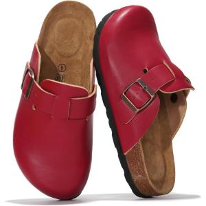 Project Cloud Genuine Leather Footbed Clogs for Women – Memory Foam Arch Support Slippers for Women – Trendy Slip-ons Women’s Mules & Clogs Sandals (Benton)(Red)