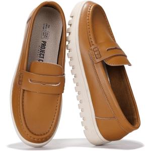 Project Cloud Genuine Leather Loafers for Women – Memory Foam Insoles Slip On Shoes for Women – Lightweight Womens Shoes – Non Slip Womens Loafers (Filide1)(Cognac)