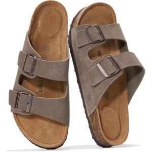 Project Cloud Genuine Leather Mens Sandals with Memory Foam Natural Cork Footbed Slides for Men Footwear – Non-Slip Double-Strap Buckle Summer Sandals (Arizona)(Taupe Suede)