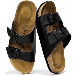 Project Cloud Genuine Leather Mens Sandals with Memory Foam Natural Cork Footbed Slides for Men Footwear – Non-Slip Double-Strap Buckle Summer Sandals (Arizona)(Black Leather)