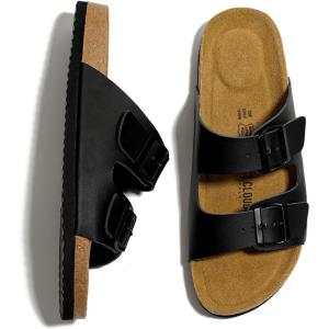Project Cloud Genuine Leather Mens Sandals with Memory Foam Natural Cork Footbed Slides for Men Footwear – Non-Slip Double-Strap Buckle Summer Sandals (Arizona)(Black Matte)