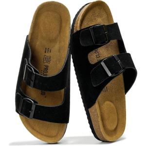 Project Cloud Genuine Leather Mens Sandals with Memory Foam Natural Cork Footbed Slides for Men Footwear – Non-Slip Double-Strap Buckle Summer Sandals (Arizona)(Black)