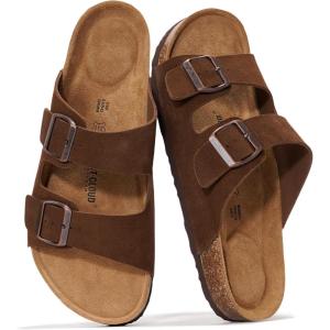 Project Cloud Genuine Leather Mens Sandals with Memory Foam Natural Cork Footbed Slides for Men Footwear – Non-Slip Double-Strap Buckle Summer Sandals (Arizona)(Choco Suede)