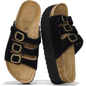 Project Cloud Genuine Leather Platform Sandals Women Footwear – Comfortable Wedges with Memory Foam Insole – Non Slip 3-Strap Summer Sandals for Women 2025 (Dyan)(Black)