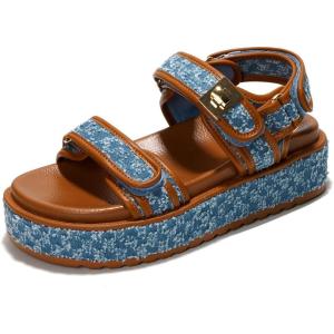 Project Cloud Genuine Leather Platform Sandals Women Footwear – Comfortable and Adjustable Strappy Summer Sandals for Women 2025 – Memory Foam and Non-Slip Slingback Beach Slides(Denim)