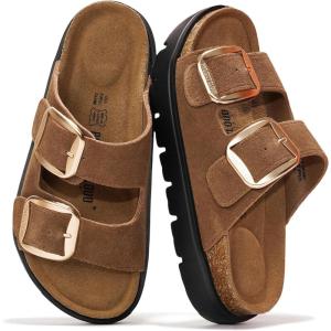 Project Cloud Genuine Leather Platform Sandals Women Footwear – Wedge Chunky Sandals Womens sandals with Memory Foam Insole and Cork Footbed (GREECECHUNKY)(Choco Suede)