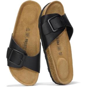 Project Cloud Genuine Leather Sandals Women Dressy Summer Beach Essentials – Flip Flops & Slides with Memory Foam Insole Womens Sandals Comfortable Footwear(Black)