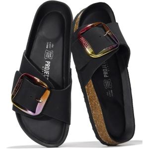 Project Cloud Genuine Leather Sandals Women Dressy Summer Beach Essentials – Flip Flops & Slides with Memory Foam Insole Womens Sandals Comfortable Footwear(Blackmatte-bigger Buckle)