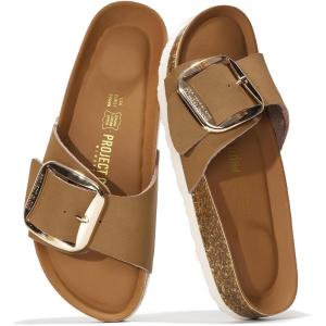 Project Cloud Genuine Leather Sandals Women Dressy Summer Beach Essentials – Flip Flops & Slides with Memory Foam Insole Womens Sandals Comfortable Footwear(Cognac-bigger Buckle)