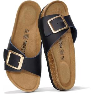 Project Cloud Genuine Leather Sandals Women Dressy Summer Beach Essentials – Flip Flops & Slides with Memory Foam Insole Womens Sandals Comfortable Footwear(Navy)