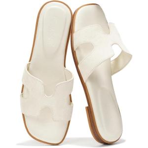 Project Cloud Genuine Leather Sandals for Women – Fashion Flat Womens Sandals with Memory Foam Insole Slides Sandals Women Footwear – Mules Women’s Sandals (Jannel)(Bone)