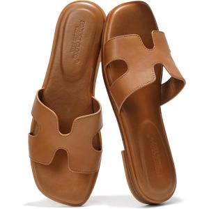 Project Cloud Genuine Leather Sandals for Women – Fashion Flat Womens Sandals with Memory Foam Insole Slides Sandals Women Footwear – Mules Women’s Sandals (Jannel)(Cognac)