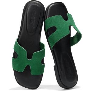 Project Cloud Genuine Leather Sandals for Women – Fashion Flat Womens Sandals with Memory Foam Insole Slides Sandals Women Footwear – Mules Women’s Sandals (Jannel)(Green Suede)