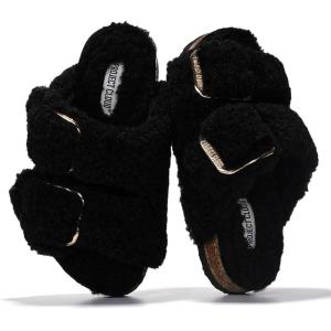 Project Cloud Genuine Leather Slides For Kids – Natural Cork Footbed Slides for Kids Sandals for Girls & Boys – Non-Slip Boys & Girls Sandals(Black Fur)