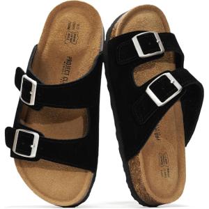 Project Cloud Genuine Leather Slides For Kids – Natural Cork Footbed Slides for Kids Sandals for Girls & Boys – Non-Slip Boys & Girls Sandals(Black Suede)