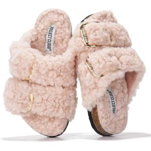 Project Cloud Genuine Leather Slides For Kids – Natural Cork Footbed Slides for Kids Sandals for Girls & Boys – Non-Slip Boys & Girls Sandals(Light Pink Fur)