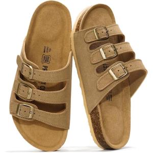 Project Cloud Genuine Leather Summer Sandals for Women 2025 – Memory Foam & Cork Footbed Beach Vacation Essentials Womens Sandals Comfortable Lightweight Slides for Women Footwear (Capri)(Beige Suede)