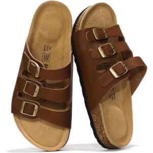 Project Cloud Genuine Leather Summer Sandals for Women 2025 – Memory Foam & Cork Footbed Beach Vacation Essentials Womens Sandals Comfortable Lightweight Slides for Women Footwear (Capri)(Cognac)