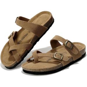 Project Cloud Genuine Leather Womens Sandals – Comfortable Cork Footbed Slides with Memory Foam Beach Essential Summer Sandals For Women 2025 (Lian)(Chestnut)