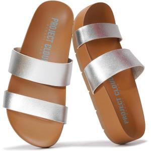 Project Cloud Memory Foam Slide Sandals Women Footwear – Lightweight Two-strap and Non-Slip Vegan Leather Platform Slides – Summer Sandals for Women 2025 (HILLTOP)(Silver)