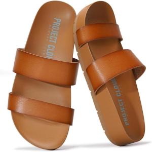 Project Cloud Memory Foam Slide Sandals Women Footwear – Lightweight Two-strap and Non-Slip Vegan Leather Platform Slides – Summer Sandals for Women 2025 (HILLTOP)(Whiskey)