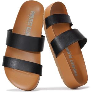 Project Cloud Memory Foam Slide Sandals Women Footwear – Lightweight Two-strap and Non-Slip Vegan Leather Platform Slides – Summer Sandals for Women 2025 (HILLTOP)(Black)