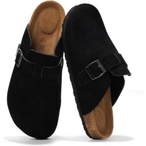 Project Cloud Mens Clogs – 100% Full Grain Genuine Leather Memory Foam Clogs for Men Arch Support Cork Footbed – Non Slip Platform Mules (Brooklyn)(Black Suede)