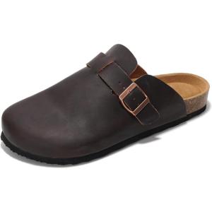 Project Cloud Mens Clogs – 100% Full Grain Genuine Leather Memory Foam Clogs for Men Arch Support Cork Footbed – Non Slip Platform Mules (Brooklyn)(Brown Distressed)