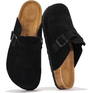 Project Cloud Mens Clogs – 100% Full Grain Genuine Leather Memory Foam Clogs for Men Arch Support Cork Footbed – Non Slip Platform Mules (Brooklyn)(Jet Black Suede)