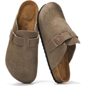 Project Cloud Mens Clogs – 100% Full Grain Genuine Leather Memory Foam Clogs for Men Arch Support Cork Footbed – Non Slip Platform Mules (Brooklyn)(Taupe Suede)